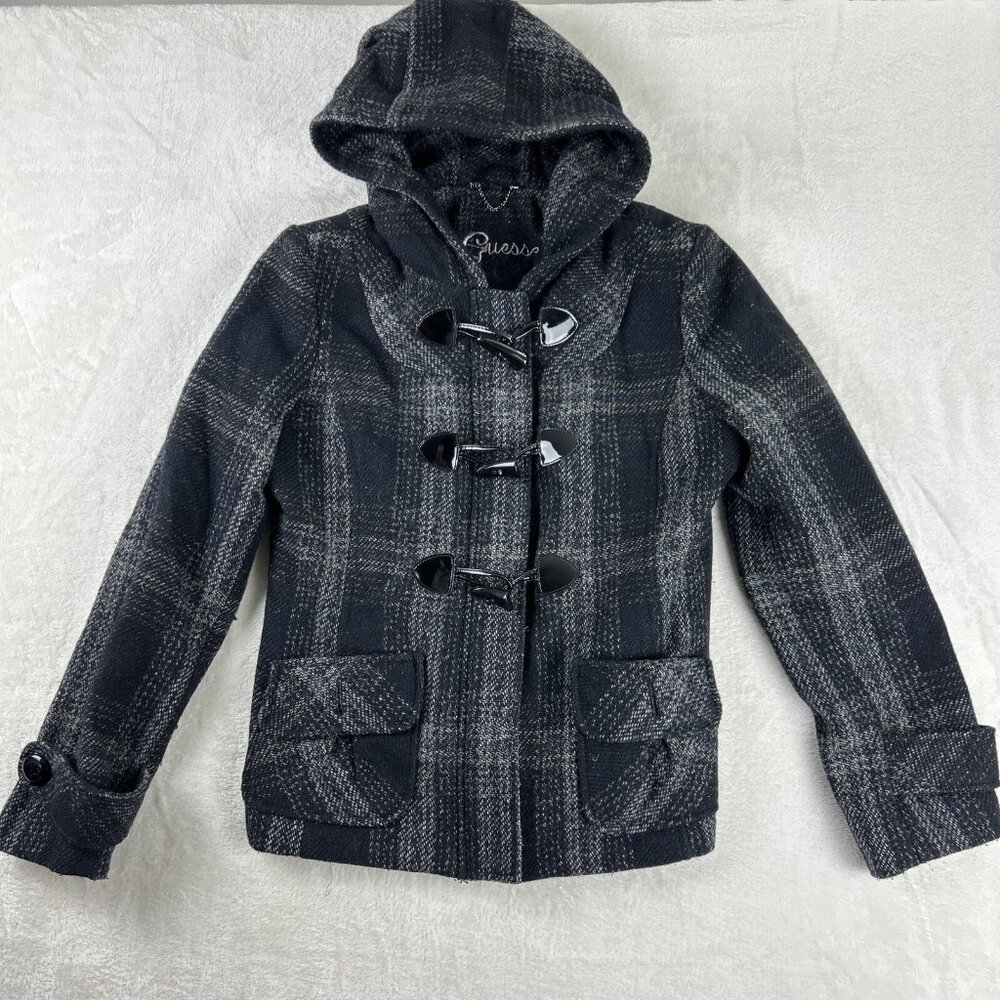Guess Womens Jacket Large black Gray Hoodie outerwear toggle Fall Winter Hooded